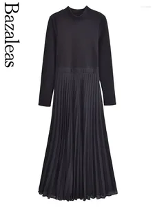 Casual Dresses 2024 Bazaleas Store Spring Black Knitted Women Pleated Dress Official Long Sleeve Elegant Midi