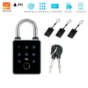 コントロールTUYAスマートパドロックバイオメトリック指紋ドアロックパスワードアプリICカードキーキーIP65防水防止防止電子ロック