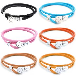 Fios de couro duplo multicolor com bracelete de botão 925 Bangle de prata esterlina FIXA FATO ORIGAL MAIS CHARM DIY JOENS DE DIY