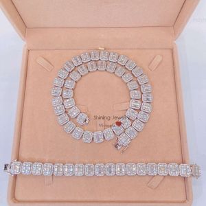 Real 925 Sterling Silber 15mm Herren Diamant Halskette Baguette Kette