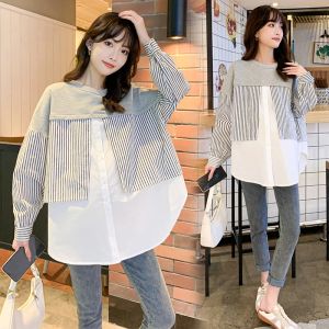 Shirts Sweet Autumn Pregnant Woman Shirts Striped Patchwork Faux Two Pieces Clothes Side Split Maternity Cotton Blouses Plus Size Tops