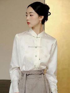 Etniska kläder 2024 Spring Chinese Style Long Sleeved Blue Daily Elegant Zen Qipao Hanfu Top National Solid Color Jacquard Tang Suit