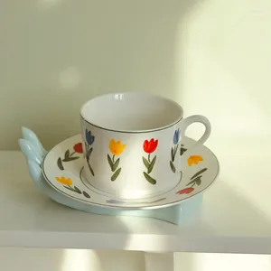 Filiżanki spodki w stylu koreański tulipan kubek puchu bębnowy ceramiczny kubek porcelanowy zestaw herbaty retro naczynie talerz kawiarnia impreza