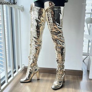 Boots Ronticool Stylish Women Winter Thigh Side Zipper Chunky Heels Round Toe Light Gold Night Club Shoes Us Size 5-20