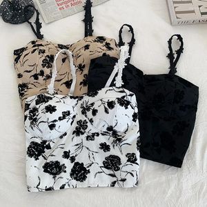 Tanques femininos Floral Print Crop Top Women Corset Sexy Bra de roupa de baixo acolchoado 2024 Tanques de verão Tampas magras de espaguete branco