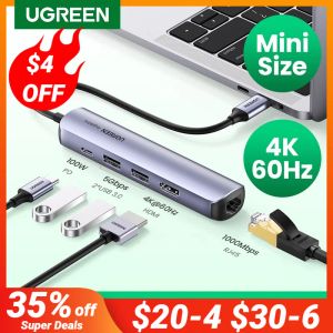 Hubs Ugreen USB C Hub 4K 60 Гц USB Тип C 3.1 к HDMI RJ45 PD 100W USB 3.0 OTG Адаптер USB C Dock для MacBook Air Pro Mini USB Hub