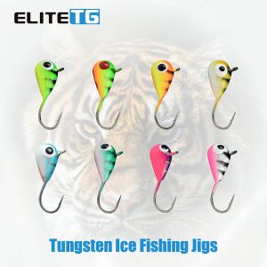 Accessoires Elite TG 10pcs Tungsten Mormyshka Drop Jig Hayabusa Haken 2,7 mm 6 mm UV Glow Crappie Perch Bluegill Winterfischerei weicher Köder