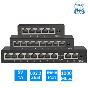 Переключатели Terow Full Gigabit Network Switch 5/8/10 Ports 1000 Мбит/с 802.3AT/AF Ethernet RJ45 Хаб для IP -камеры, NVR, наблюдение за безопасностью