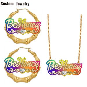 Personalisierte Acryl -benutzerdefinierte Namen Halskette Bambusohrringe Cartoons Regenbogenschmuck Einfacher Mode Weihnachtsgeschenk C4 240419