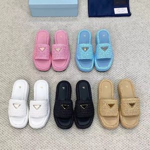 pra triangle platform sandal Slippers womans luxury Designer fashion Sliders Straw Casual shoe outdoor Summer weave pool New style Slide Slipper beach flat sandale