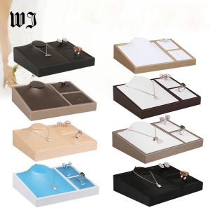 Necklaces Qulaity Faux Leather Ring Necklace Earrings Jewelry Display Tray Showcase Set Jewellery Organizer for Bague Colar Stand Holder