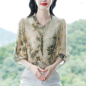 Blouses femininas Mulheres Mulheres Vintage Camisas de chiffon impressas Ladies Casual 3/4 Manga Simple Style Ruffles Collar Tops soltos BLUSAS