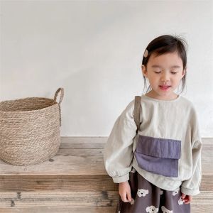 T-shirts Spring Patchwork Pockets T Shirts Boys and Girls Cotton Long Sleeve Tops