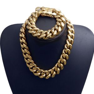 22mm Exaggerated Super-Wide Men Cuban Link Chain Jewlery Set Hip Hop Stainless Steel Choker Necklace Bracelet 18K Gold Plated 16&q285x