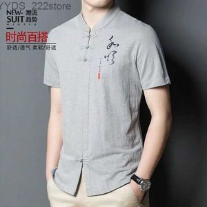 メンズシャツ夏中華スタイルコットンリネン刺繍シャツメンズ半袖ゆるいスタンディングネックビンテージシャツトップYQ240422