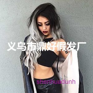 Designer Human Wigs Hair for Women Womens Wig With Medium Black and Grey Gradient Long Curly Humhair
