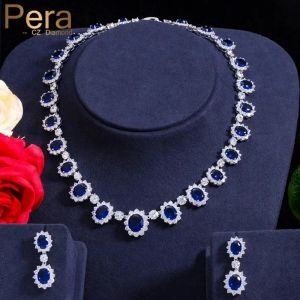 Halsband pera cz Big Round Cubic Zirconia Luxury Bridal Wedding Royal Blue Stone Halsband och örhängen smyckesuppsättningar för brudar J126