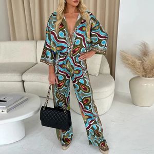 2024 Vårmönster tryckt Loose Outfit Womens Casual Bohemian Holiday Set Vintage Turndown Collar Shirt and Pants Passar 240411