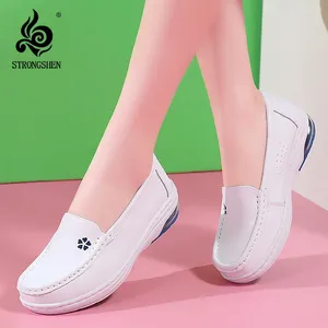 Sapatos casuais forteshen feminino de couro branco trabalho de tênis não escorregadotas femininas, senhoras, almofada de fundo grossa tenis feminino