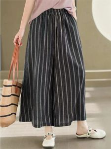 Women's Pants Women Cotton And Linen Wide Leg 2024 Summer Casual Loose Elastic Waist Striped Trousers