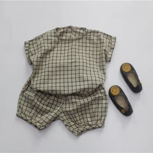 Camisetas novas 2021 verão infantil camisas de linho de algodão coreano xadrez xadrez solto de manga curta tops