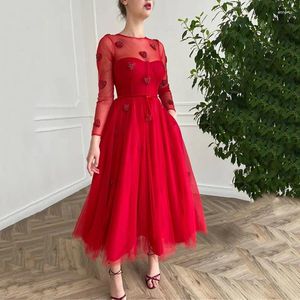 Party Dresses Modest Red Prom 2024 Beads Hearty Long Sleeve Pageant Evening Gowns Dots Tulle Short Wedding Dress Length Sash