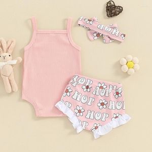 Clothing Sets Born Baby Girls Easter Outfit Ribbed Spaghetti Strap Cami Romper Ruffle Flower Floral Shorts Set