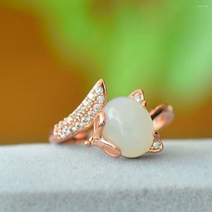 Cluster Rings Djustable Ring Natural Hetian Jade Rhinestone Orbicular White Gemstone Trend Women Copper Jewelry Woman