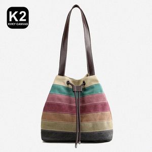 Kvky Colorful Stripes Canvas Women's Bage Beauty Small Bucket Shourdle Bag Outinging Ctrast Color Color Patchwork Handbag 73UQ＃