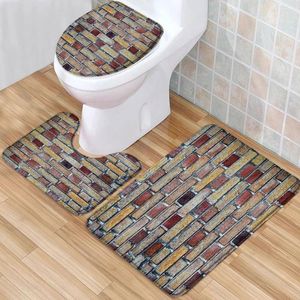 Shower Curtains Vintage Brown Tile Bathroom Floor Mats Rugs Stone Washable Lin Bath Toilet Covers Accessory