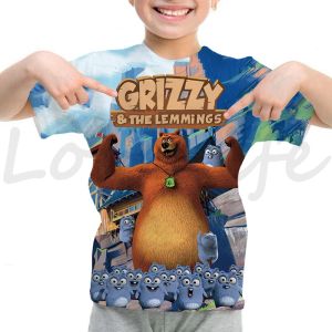 T-shirts Kids Sunlight Grizzly Bear Tshirts Toddler Summer Short Sleeve Tshirt GRIZZY AND THE LEMMING Print Tshirt Boys Girls Tee Tops