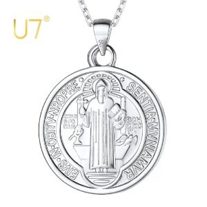 Halsband U7 925 Sterling Silver Coin Saint Benedict Halsband Dainty Chain Sacramental Medal Pendant Religious Katolska unisex smycken