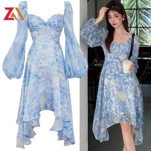 Lässige Kleider Zalady Holiday Festival Blau Blumen ästhetische unregelmäßige MIDI für Frauen Zevity Square Collar Elegant Party Vestidos