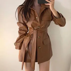 Women's Leather Spring Autumn Retro Brown PU Jacket Mid Length Lace Up Motorcycle Coat Single Breasted Outwear Lapel Top