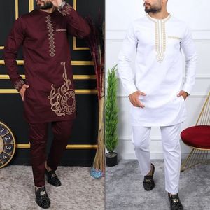 2Piece Sets Mens Outfit Embroidered Pocket Long Sleeve Top Pants Wedding Suit Business Ethnic Casual Wear Tee Shirt Homme 240409