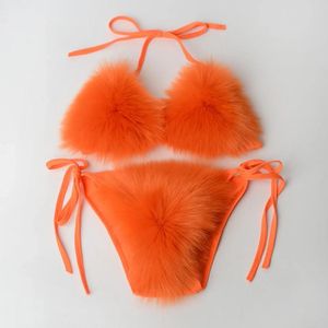 Kvinnors badkläder 2024 Orange löstagbar faux päls Bikinis Set Women Swimsuit Sexig låg midja Thong Bikini Furry Beachwear Bathing Suit