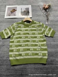 Women's Knits & Tees designer brand miu 24 Early Spring New Niche Design Striped Letter Flower Pattern Perforated knitwear Short Sleeves CRMO