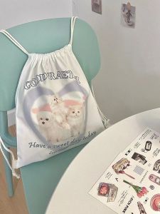 Bags 2023 New Cartoon Cat Heart Print Cute Backpack Y2k Aesthetic Sweet Girls Students Drawstring Schoolbag Highcapacity Shopper Bag