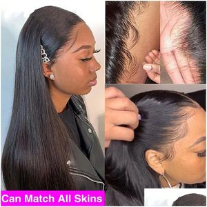 Syntetiska peruker 360 Transparent spets frontal före plockad brasiliansk remy rak 13x4 Front Human Hair For Black Women Bling Drop Deliv Dhjuc