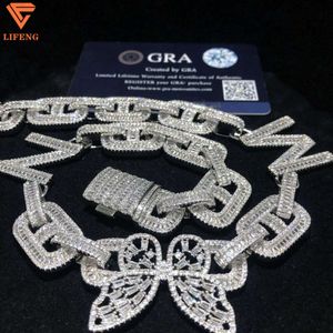 Hiphop Mens Jewelry Jewelry Cuban Link Chain 925 Стерлинговое серебро полное заклинание VVS Moissanite Butterfly Письмо кубинское подвесное ожерелье