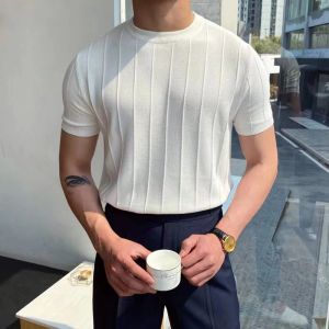 Shirts Summer New Men Knited Short Sleeve Tshirts High Quality Oneck Tees Tops Pullovers Solid Stripe Slim Fit Tshirts Male Clothing
