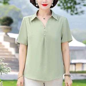 Blusas femininas 2024 Summer Solid Color Polo Button Pullovers Moda moda casual versátil com mangas curtas de chiffon tops