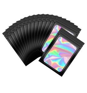 Black Smell Proof Mylar Bags Resealable Odor Proof Bags Holographic Packaging Pouch Bag With Clear Window For Food