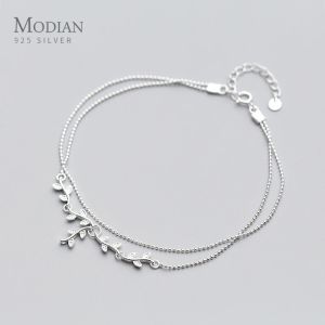 Anklets Modian Fashion Sterling Silver 925 Plant Anklet for Women Tree Branch Leaves Tiny Ball Simple Anklet Fine Jewelry 2020 New