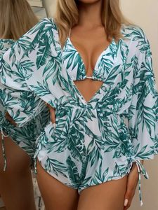 2024 Summer Women Sexy 3 peças Ter um traje floral de roupas de banho de tração de tração de férias de férias de biquíni de biquíni.