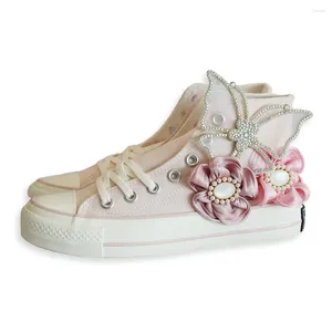 Lässige Schuhe Frühling Frauen Canvas Mode handgefertigtes Mädchen lila vulkanisierte Turnschuhe 3D -Schmetterlingsblume hoch niedrig flach