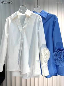여자 블라우스 대형 여성 셔츠 기질 긴 소매 3D 꽃 한국 세련