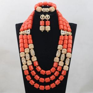 Strands 3 strati African Artificiale Coral perline Collana Orenatura Gioielli Bracciale Set da donne indiane Belietta