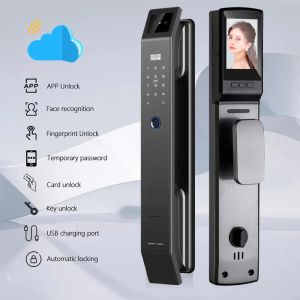 Kontroll Smart Door Lock 3D Face FingerPrint Card Swiping Mechanical Key Cat Eye Waterproof App Låsande