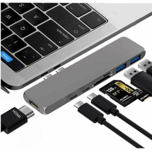 Hubs USB C para HDMI Hub 7 em 1 posto de ancoragem com 2 porta Tipo C 2port USB3.0 TF SD Card Reader para Livro Pro Dell Lenovo Laptop